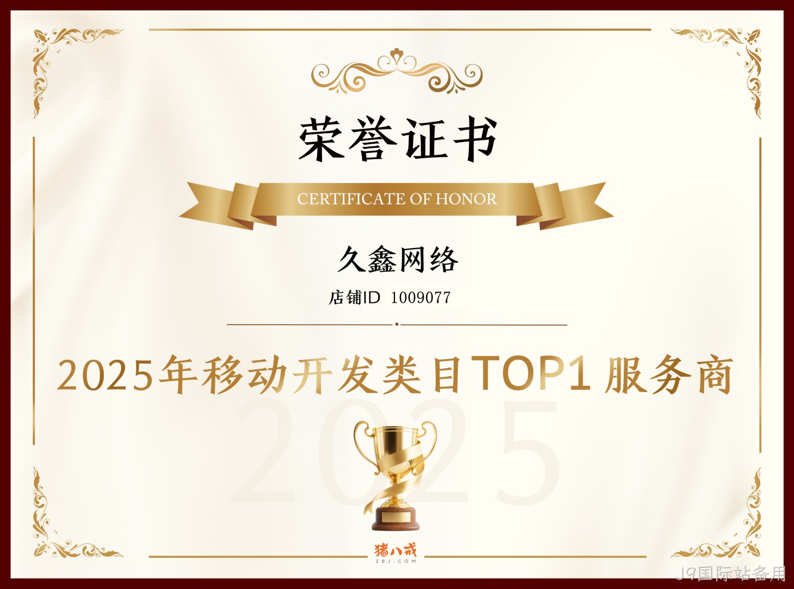 喜报！J9国际站备用登顶猪八戒网 2025 移动开发类目 TOP1，实力再获行业认证！